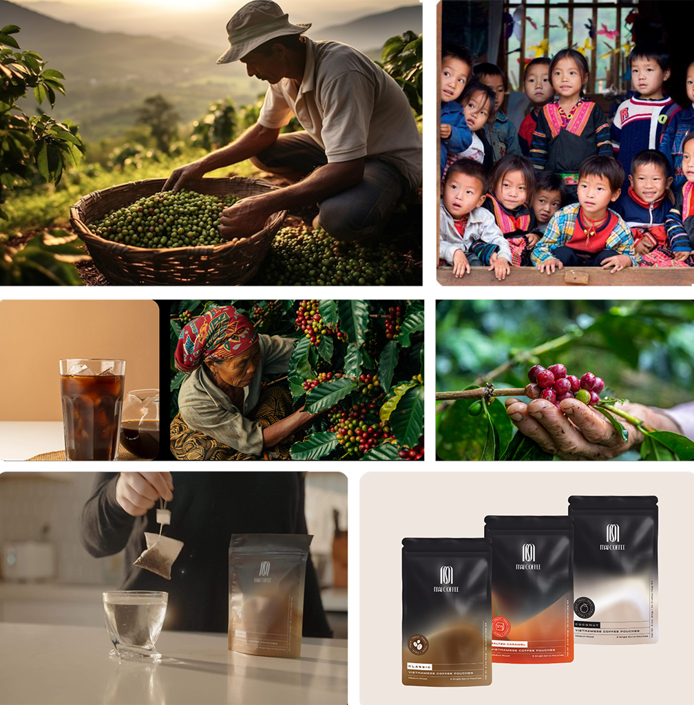 Collage of images showing a coffee farmer, children, coffee beans, and coffee packaging.